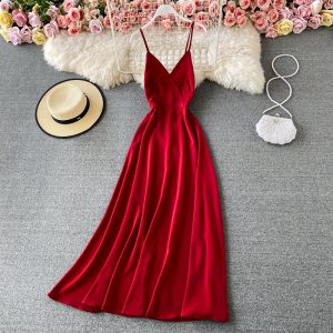 Summer Solid Color Wide Hem Dress V-neck Scheming Backless Slim-Fit Figure Flattering Party Dress High Waist Dress
