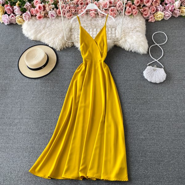 Summer Solid Color Wide Hem Dress V-neck Scheming Backless Slim-Fit Figure Flattering Party Dress High Waist Dress - Image 5