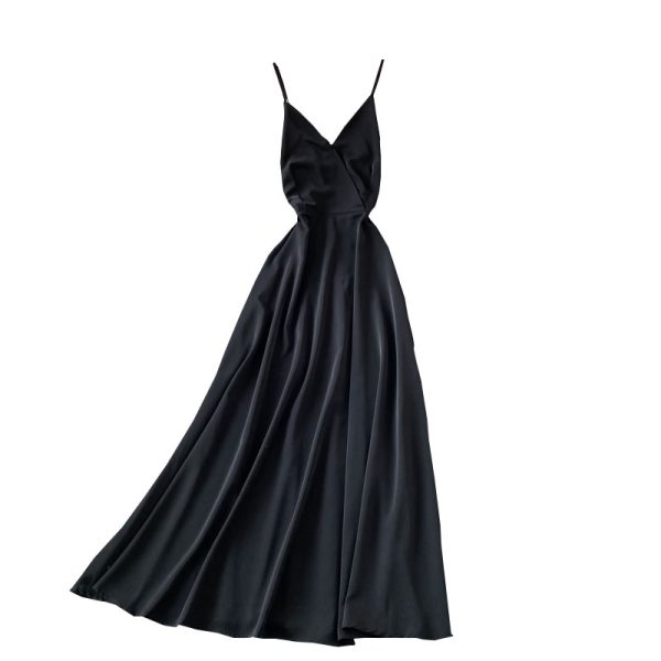 Summer Solid Color Wide Hem Dress V-neck Scheming Backless Slim-Fit Figure Flattering Party Dress High Waist Dress - Image 6