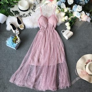 Summer New Sweet All-Matching Sequined XINGX Wooden Ear Tube Top Mid-Length Mesh Camisole Dress with Chest Pad for Women