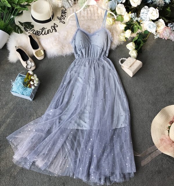 Summer New Sweet All-Matching Sequined XINGX Wooden Ear Tube Top Mid-Length Mesh Camisole Dress with Chest Pad for Women - Image 3