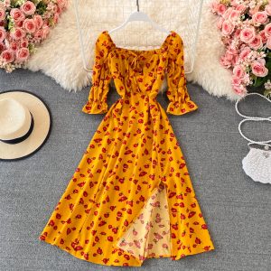 Square Collar Split Dress Summer Chiffon Floral Skirt Elegant Slim-Fit Slimming Seaside Holiday Beach Dress A- line Skirt