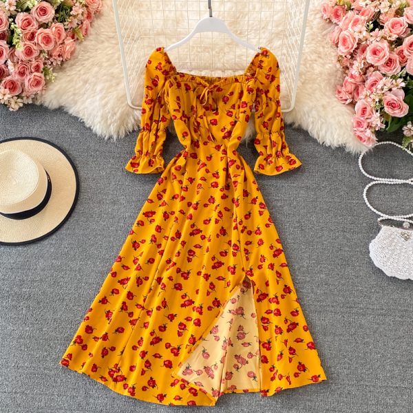 Square Collar Split Dress Summer Chiffon Floral Skirt Elegant Slim-Fit Slimming Seaside Holiday Beach Dress A- line Skirt - Image 2