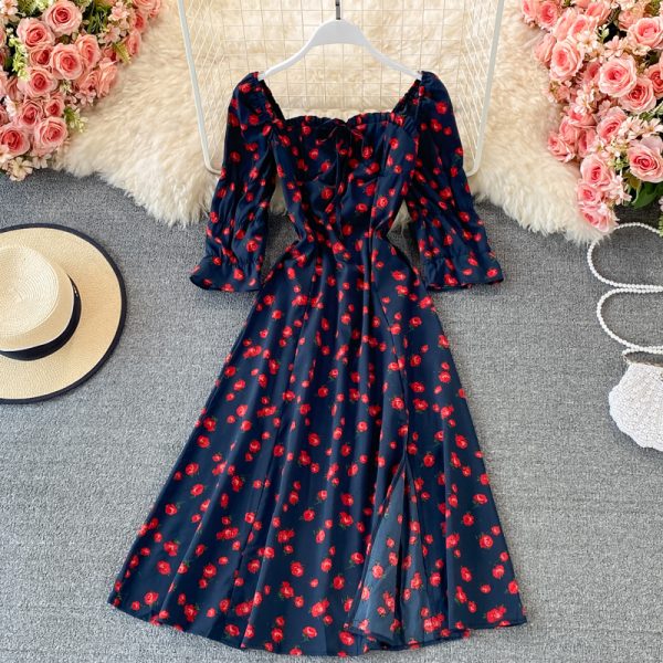 Square Collar Split Dress Summer Chiffon Floral Skirt Elegant Slim-Fit Slimming Seaside Holiday Beach Dress A- line Skirt - Image 3