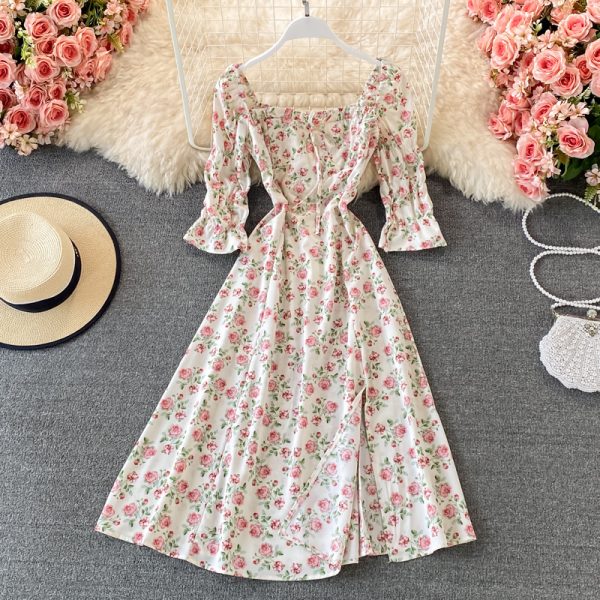 Square Collar Split Dress Summer Chiffon Floral Skirt Elegant Slim-Fit Slimming Seaside Holiday Beach Dress A- line Skirt - Image 4