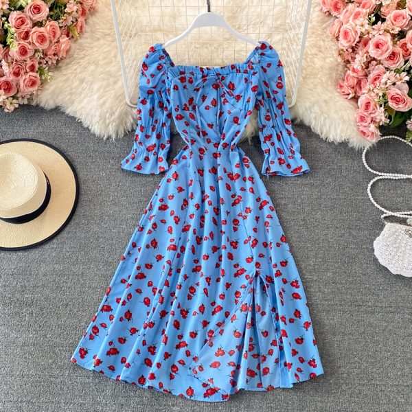 Square Collar Split Dress Summer Chiffon Floral Skirt Elegant Slim-Fit Slimming Seaside Holiday Beach Dress A- line Skirt - Image 5
