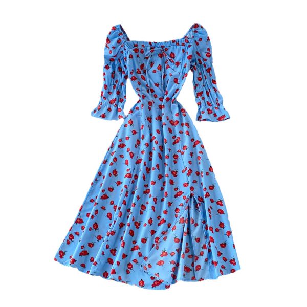 Square Collar Split Dress Summer Chiffon Floral Skirt Elegant Slim-Fit Slimming Seaside Holiday Beach Dress A- line Skirt - Image 6