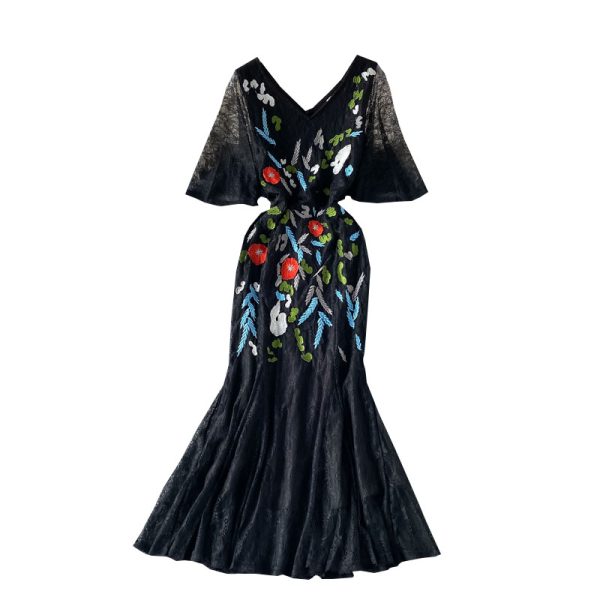 Elegant Graceful Embroidered V-neck Lace Fishtail Dress 20021 Summer European and American Retro Dinner Dress Long Skirt - Image 6