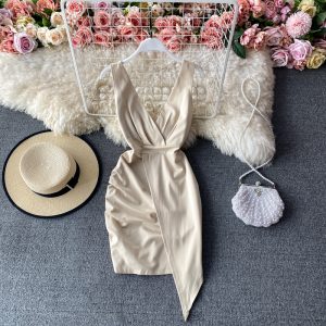 Nightclub Sexy V-neck Low-Cut Backless Slim Fit Irregular Slit Hip Skirt Base Skirt Suspender Dress for Women