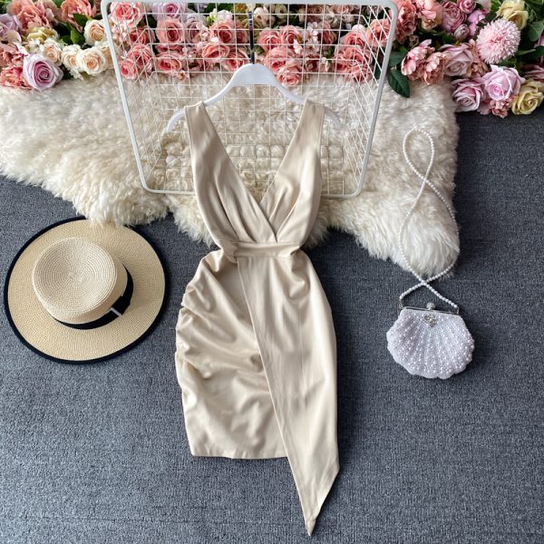 Nightclub Sexy V-neck Low-Cut Backless Slim Fit Irregular Slit Hip Skirt Base Skirt Suspender Dress for Women - Image 2
