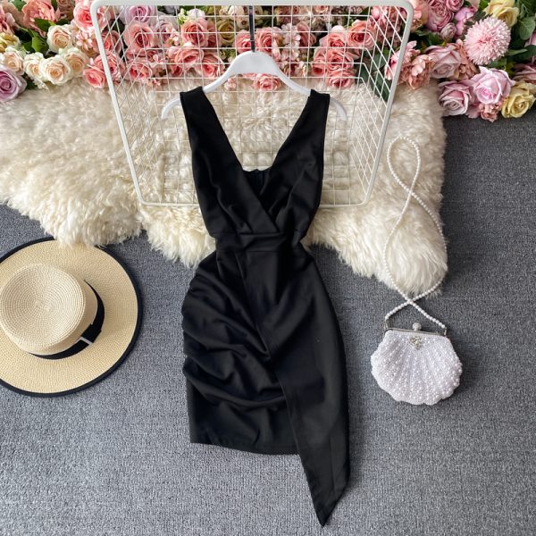 Nightclub Sexy V-neck Low-Cut Backless Slim Fit Irregular Slit Hip Skirt Base Skirt Suspender Dress for Women - Image 3