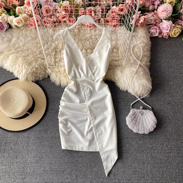 Nightclub Sexy V-neck Low-Cut Backless Slim Fit Irregular Slit Hip Skirt Base Skirt Suspender Dress for Women - Image 4
