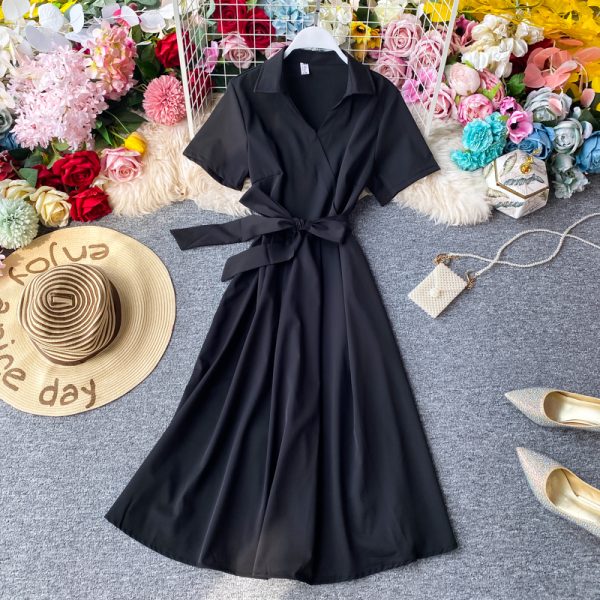 Lightly Mature V-neck Dress  New Summer Short Sleeve Dress Jung Ji Hoon French A- line Skirt Doll Collar Fairy Dress - Image 3