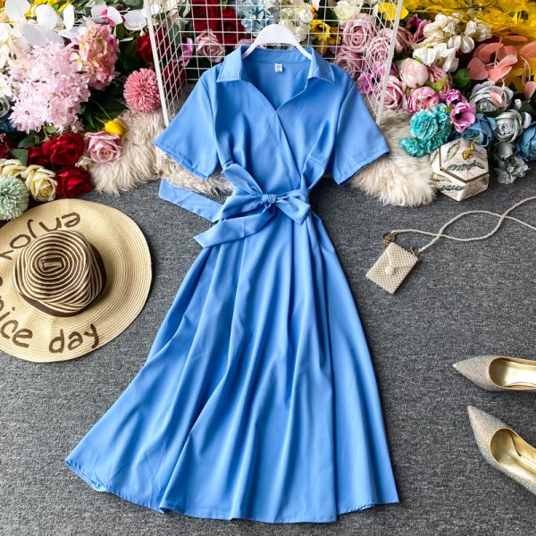 Lightly Mature V-neck Dress  New Summer Short Sleeve Dress Jung Ji Hoon French A- line Skirt Doll Collar Fairy Dress - Image 4