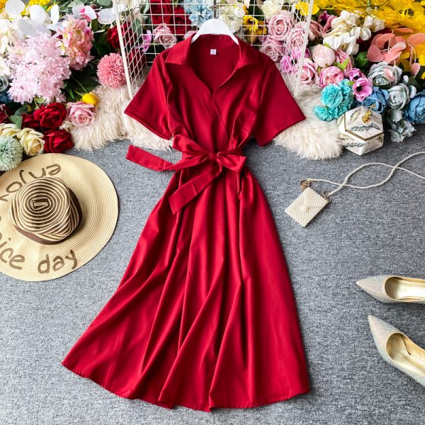 Lightly Mature V-neck Dress  New Summer Short Sleeve Dress Jung Ji Hoon French A- line Skirt Doll Collar Fairy Dress - Image 5