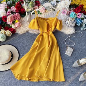 Off-Neck off-the-Shoulder Strap Dress Summer New Korean Style Small over-the-Knee Super Fairy Waist Trimming Yellow Dress