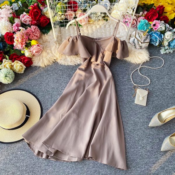 Off-Neck off-the-Shoulder Strap Dress Summer New Korean Style Small over-the-Knee Super Fairy Waist Trimming Yellow Dress - Image 3