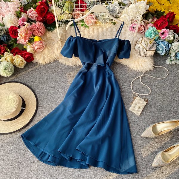 Off-Neck off-the-Shoulder Strap Dress Summer New Korean Style Small over-the-Knee Super Fairy Waist Trimming Yellow Dress - Image 4