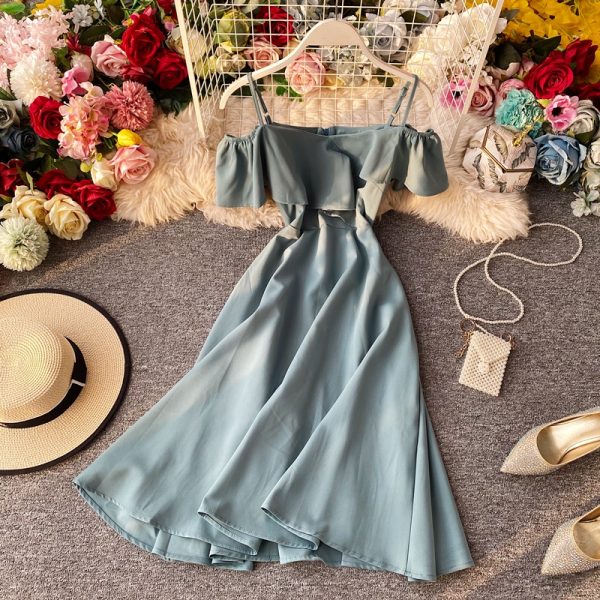 Off-Neck off-the-Shoulder Strap Dress Summer New Korean Style Small over-the-Knee Super Fairy Waist Trimming Yellow Dress - Image 5