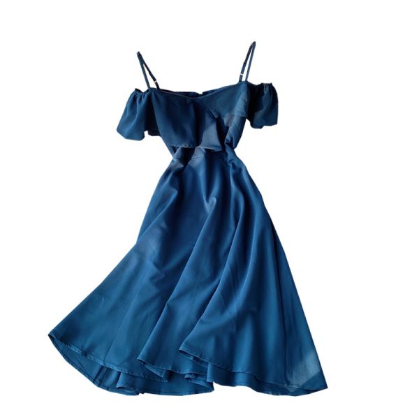 Off-Neck off-the-Shoulder Strap Dress Summer New Korean Style Small over-the-Knee Super Fairy Waist Trimming Yellow Dress - Image 6