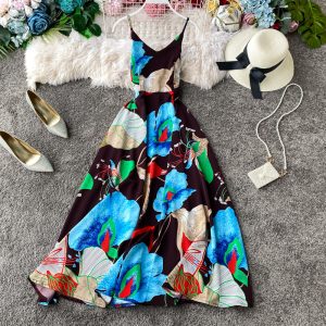 Seaside Vacation Style Chiffon Dress Women’s Floral V-neck Beach Dress Sleeveless Swing Seaside Vacation Long Dress