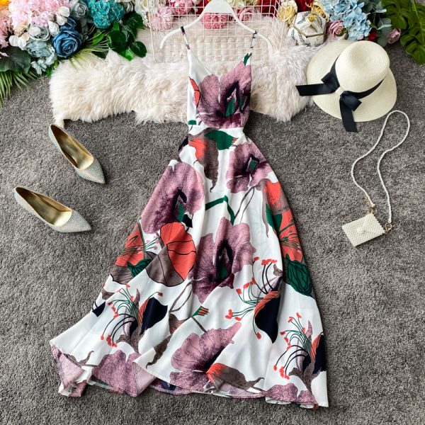 Seaside Vacation Style Chiffon Dress Women’s Floral V-neck Beach Dress Sleeveless Swing Seaside Vacation Long Dress - Image 3