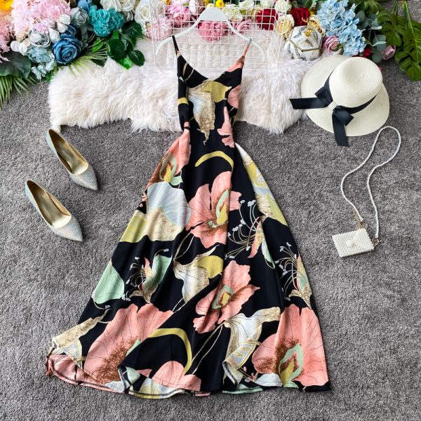 Seaside Vacation Style Chiffon Dress Women’s Floral V-neck Beach Dress Sleeveless Swing Seaside Vacation Long Dress - Image 4