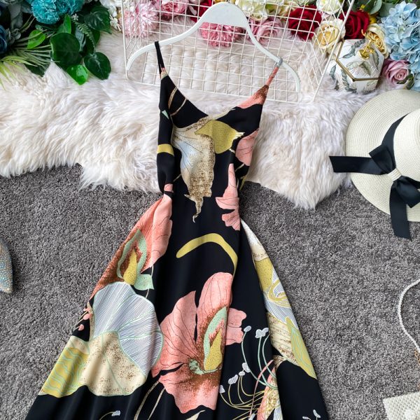 Seaside Vacation Style Chiffon Dress Women’s Floral V-neck Beach Dress Sleeveless Swing Seaside Vacation Long Dress - Image 5