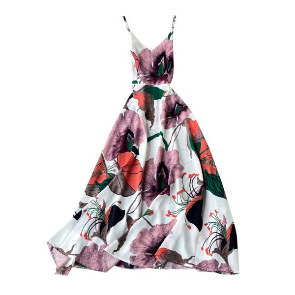 Seaside Vacation Style Chiffon Dress Women’s Floral V-neck Beach Dress Sleeveless Swing Seaside Vacation Long Dress - Image 6