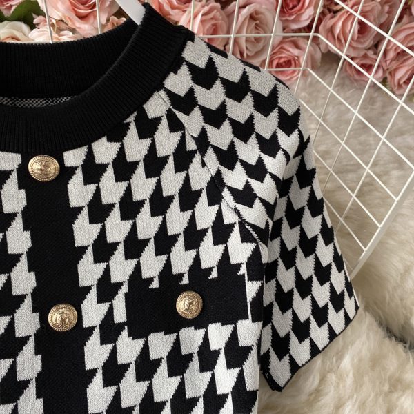 Summer new style Yujie temperament light cookedstyleSlimbag hip skirt houndstooth contrast color knitted dress with short sleeve - Image 4