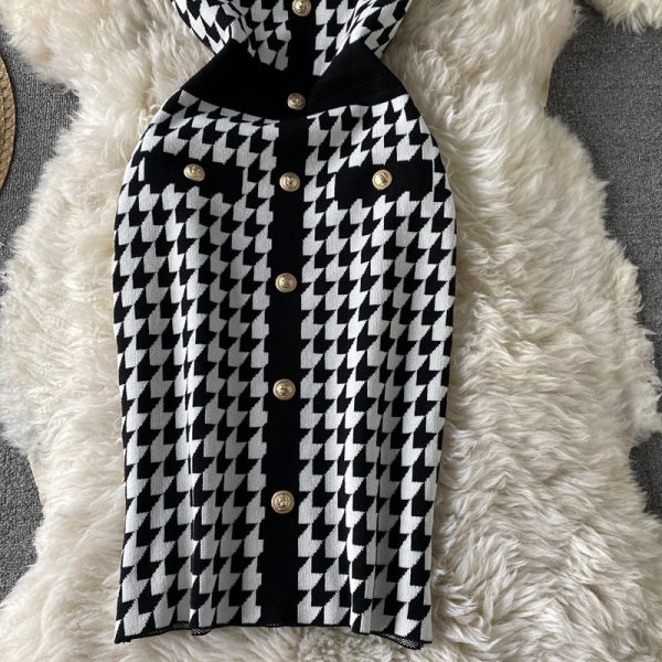 Summer new style Yujie temperament light cookedstyleSlimbag hip skirt houndstooth contrast color knitted dress with short sleeve - Image 5
