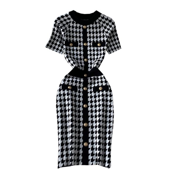 Summer new style Yujie temperament light cookedstyleSlimbag hip skirt houndstooth contrast color knitted dress with short sleeve - Image 6