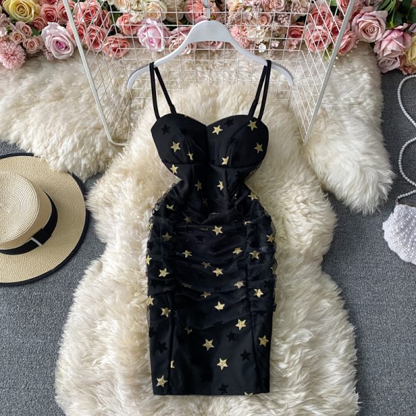 Nightclub Sexy Star Mesh Splicing Sling Sheath Skirt Short Socialite Temperament Sexy Pleated Tube Top Dress - Image 3