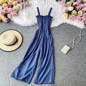 Korean Style Summer New Sweet Ruffled off-the-Shoulder Tube Top Jumpsuit Slim Fit Sleeveless Sling Wide Leg Jumpsuit