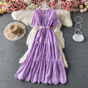 Gentle wind round neck dress, short sleeves, waist, thin, hollow, western style, bubble sleeves, A-line skirt long skirt, summer