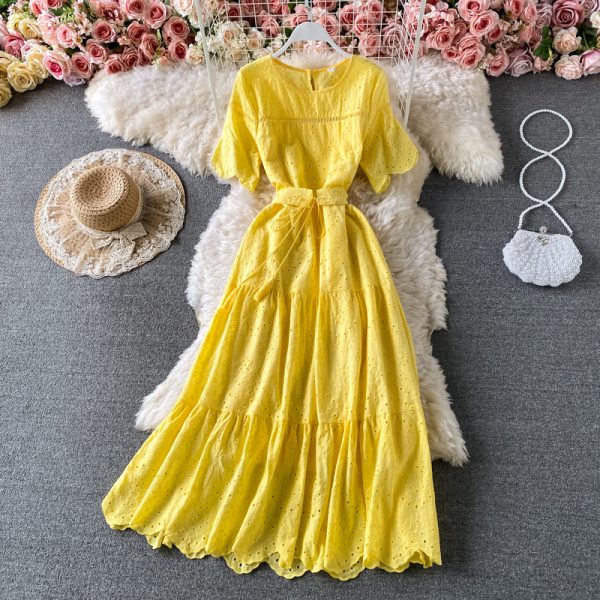 Gentle wind round neck dress, short sleeves, waist, thin, hollow, western style, bubble sleeves, A-line skirt long skirt, summer - Image 5