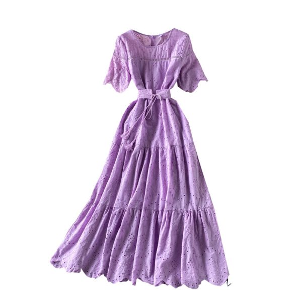 Gentle wind round neck dress, short sleeves, waist, thin, hollow, western style, bubble sleeves, A-line skirt long skirt, summer - Image 6