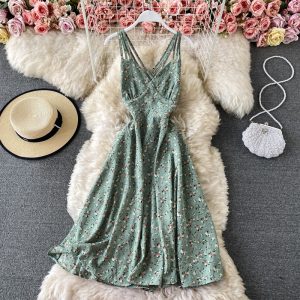 Seaside Vacation Skirt Ins Inspirational Backless Cross Suspender Skirt Summer New Fresh High Waist Floral Dress