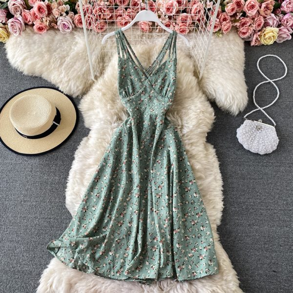 Seaside Vacation Skirt Ins Inspirational Backless Cross Suspender Skirt Summer New Fresh High Waist Floral Dress - Image 2