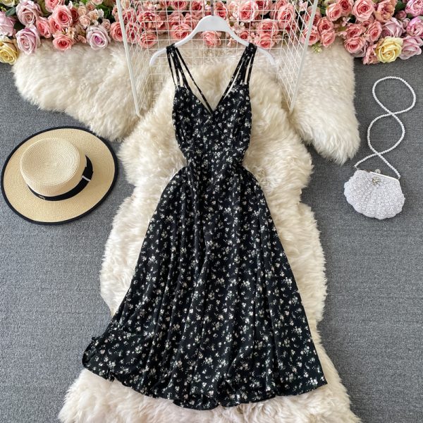 Seaside Vacation Skirt Ins Inspirational Backless Cross Suspender Skirt Summer New Fresh High Waist Floral Dress - Image 4