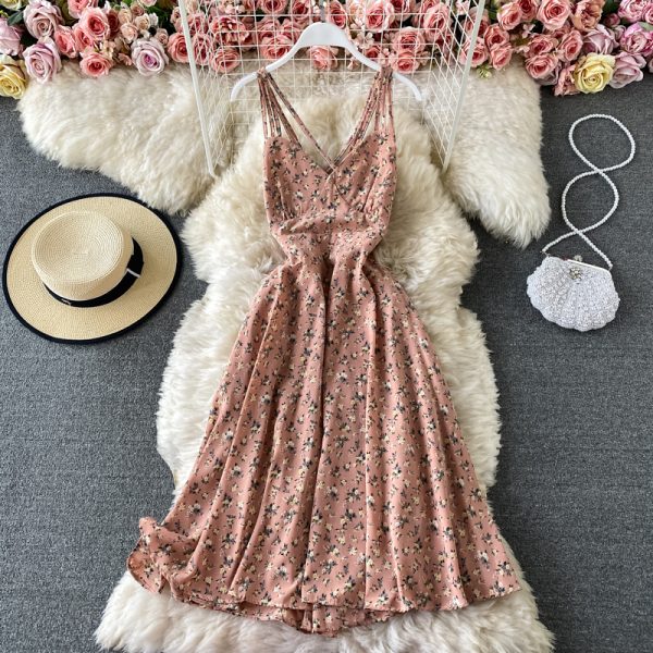 Seaside Vacation Skirt Ins Inspirational Backless Cross Suspender Skirt Summer New Fresh High Waist Floral Dress - Image 5