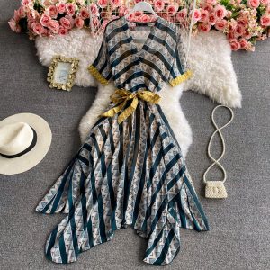 Bali Thailand Travel Super Fairy Beach Skirt Seaside Vacation Bohemian V-neck Chiffon Striped Dress Summer