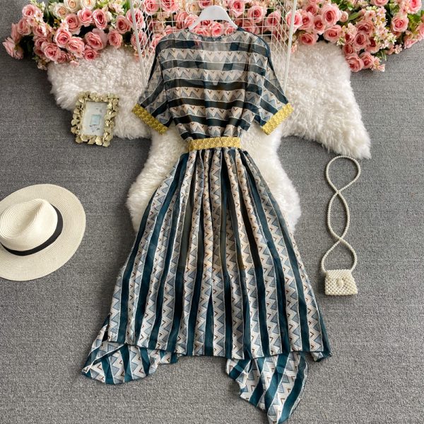 Bali Thailand Travel Super Fairy Beach Skirt Seaside Vacation Bohemian V-neck Chiffon Striped Dress Summer - Image 5