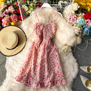 Summer New Elegant French Hipster Style High Waist Girl Floral Strapless Suspender Dress Ruffled Dress
