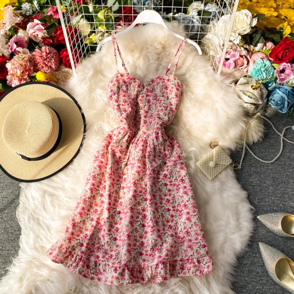 Summer New Elegant French Hipster Style High Waist Girl Floral Strapless Suspender Dress Ruffled Dress