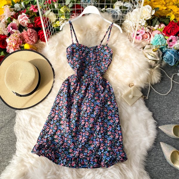 Summer New Elegant French Hipster Style High Waist Girl Floral Strapless Suspender Dress Ruffled Dress - Image 3