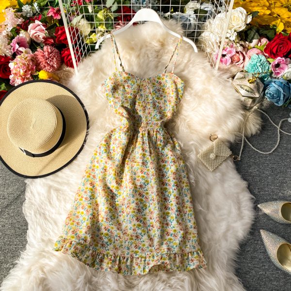 Summer New Elegant French Hipster Style High Waist Girl Floral Strapless Suspender Dress Ruffled Dress - Image 4