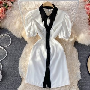 Hepburn Gentle French Style Retro First Love Dress Summer New Puff Sleeve Lapel Contrasting-Color Dress Short Sleeve