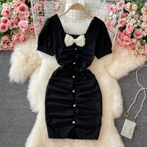 Summer New French Style Temperament Pleated Bow Square Collar Sheath Dress Waist Slimming Hepburn Black Dress