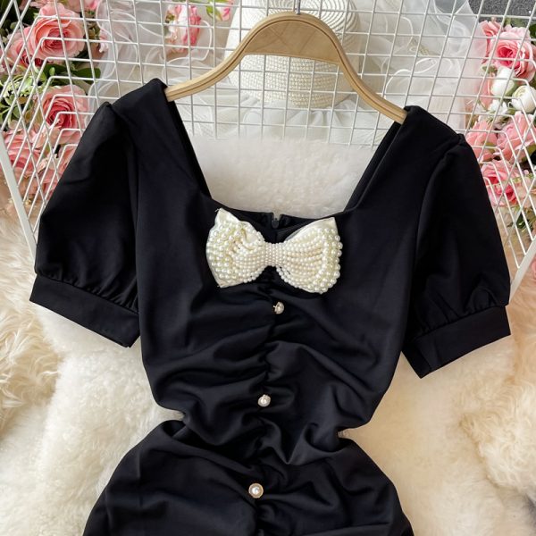 Summer New French Style Temperament Pleated Bow Square Collar Sheath Dress Waist Slimming Hepburn Black Dress - Image 3